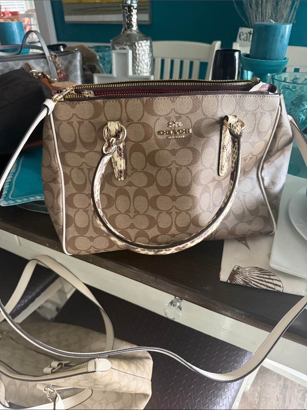 Coach Tan Signature Canvas Satchel with Pale Trim and Gold Hardware